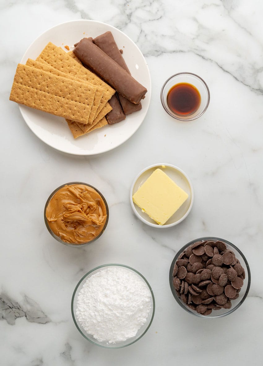 an overhead image showing the measured ingredients needed to make a batch of butterfinger truffles