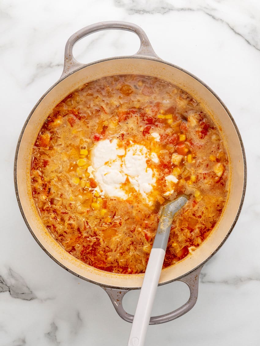 homemade copycat chick fil a chicken tortilla soup ingredients in a large dutch oven