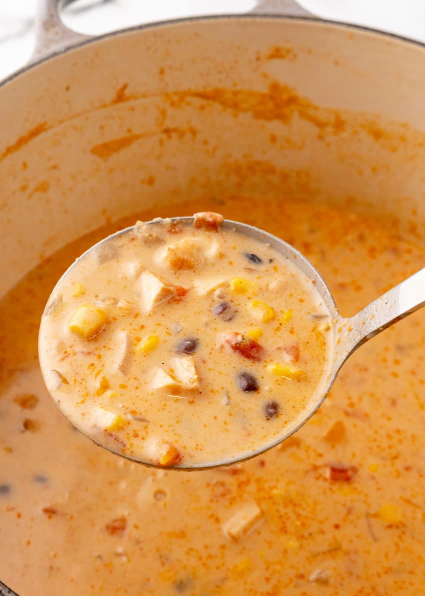 a silver ladle holding up a scoop of copycat chick fil a chicken tortilla soup