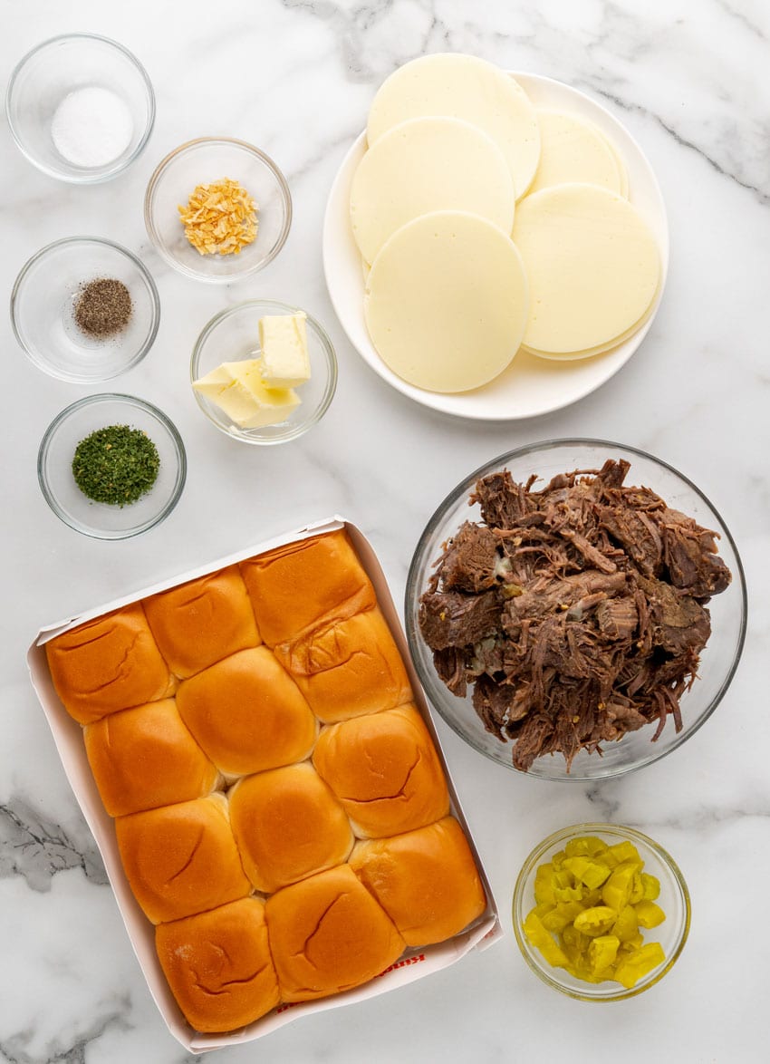 an overhead image showing the measured ingredients needed to make a batch of mississippi pot roast sliders
