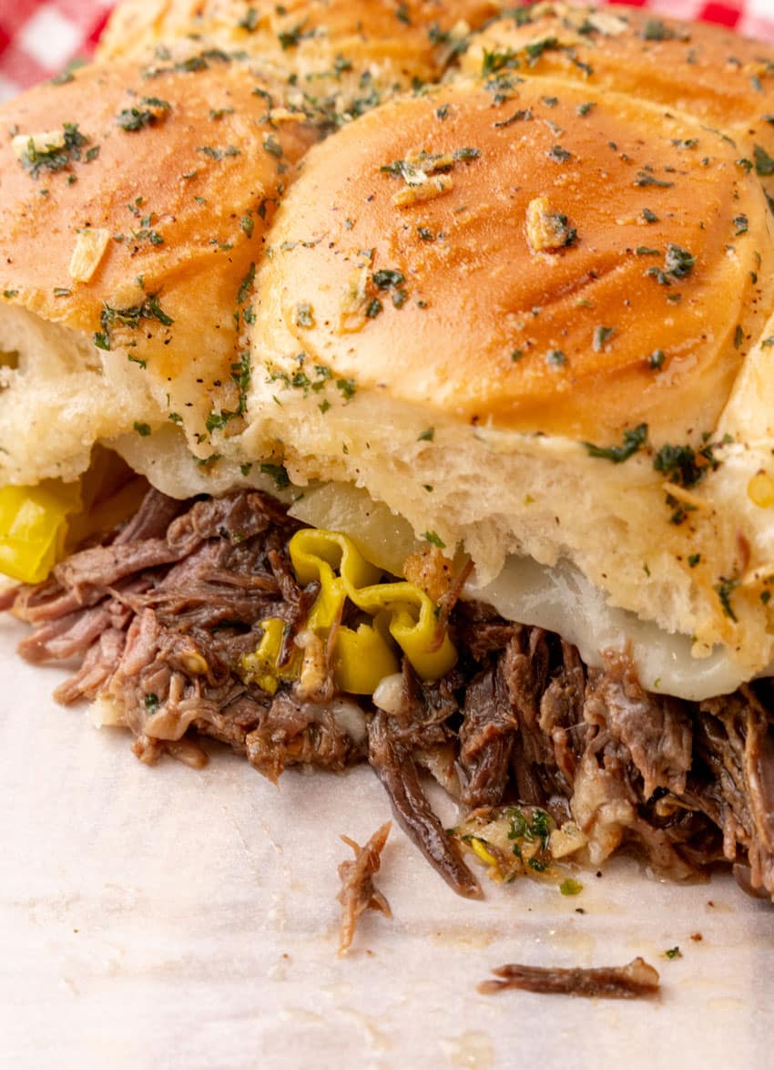a close up of mississippi pot roast sliders