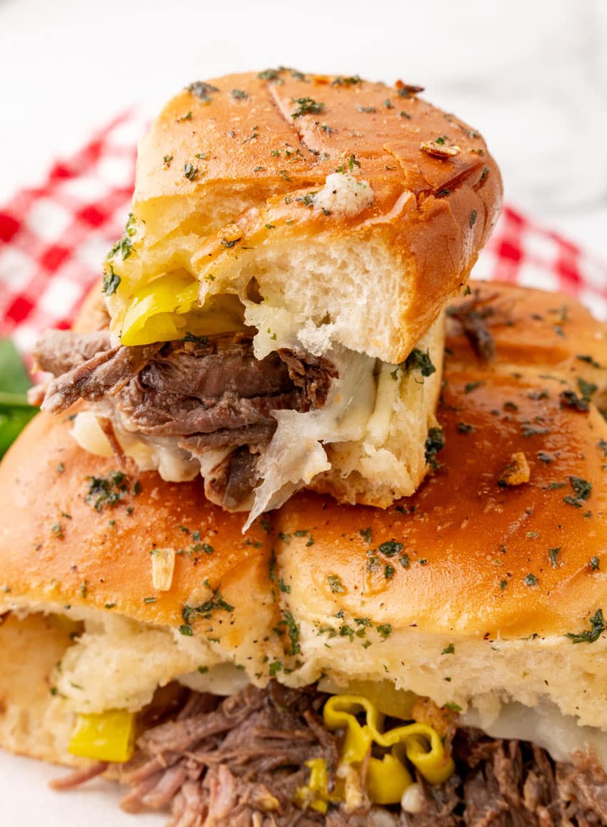 three mississippi pot roast sliders on a small white plate