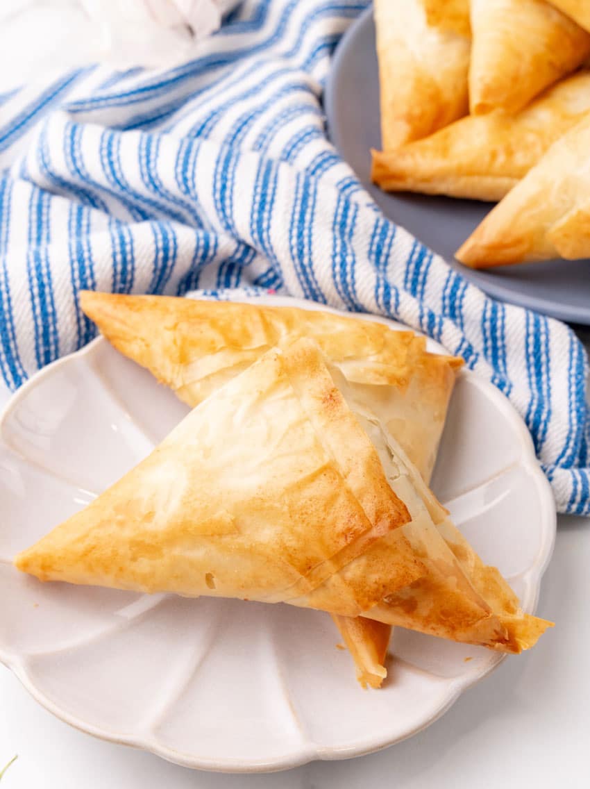 two pieces of homemade spanakopita on a small white appetizer plate